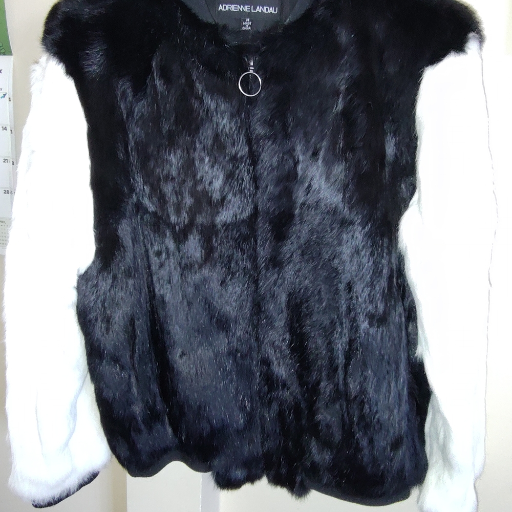 Adrienne Landau Black Body with White Sleeves Real Rabbit Fur Jacket